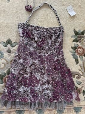 Beaded Strapless Floral Lace Dress in Purple